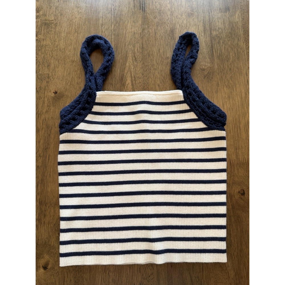 Aerie Navy Blue And White Striped Crochet Strap Ribbed Boxy Tank Top Size Small